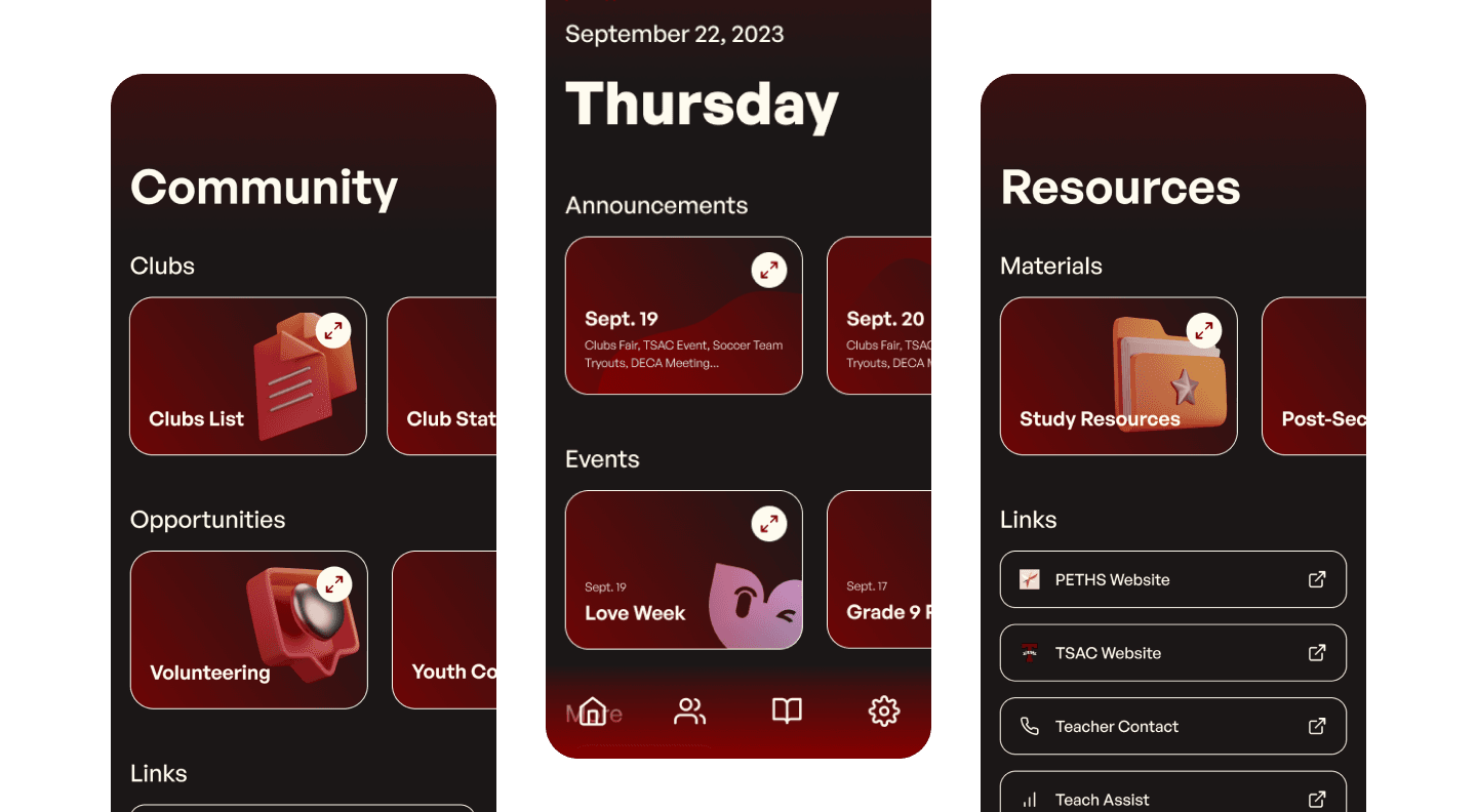 Pethsapp home, community, and resources screens