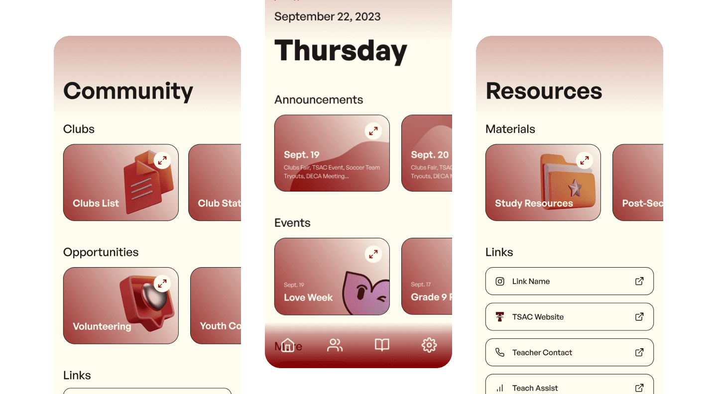 Pethsapp home, community, and resources screens