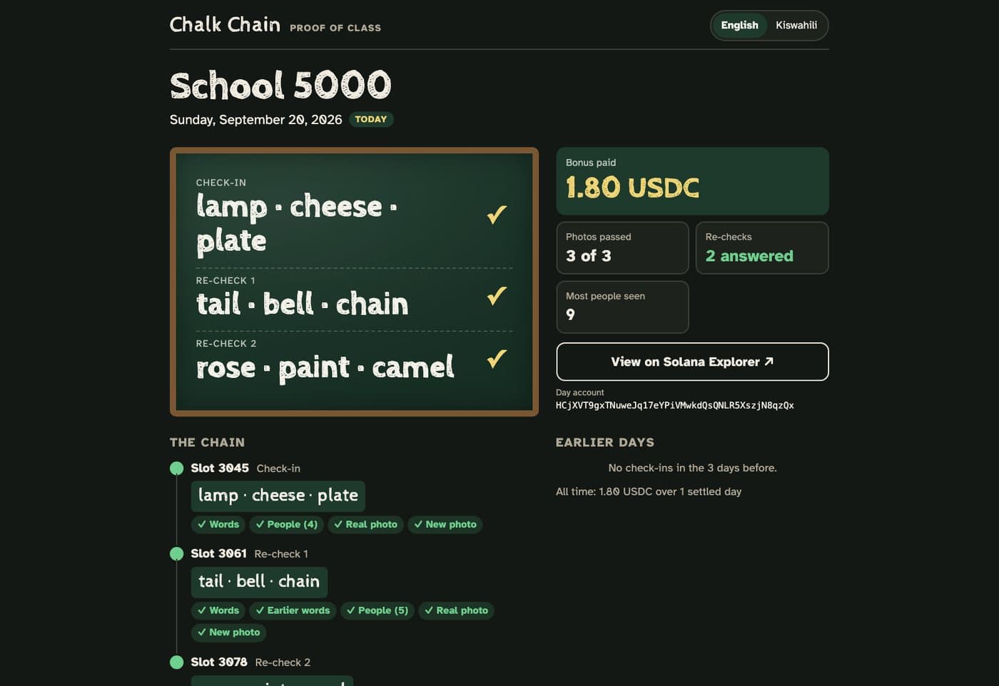 Public proof page showing a day of verified photos and the USDC bonus paid